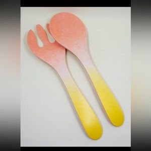 Anthropologie Poppy Melamine Serving Salad Fork & Spoon Set Pink to Yellow